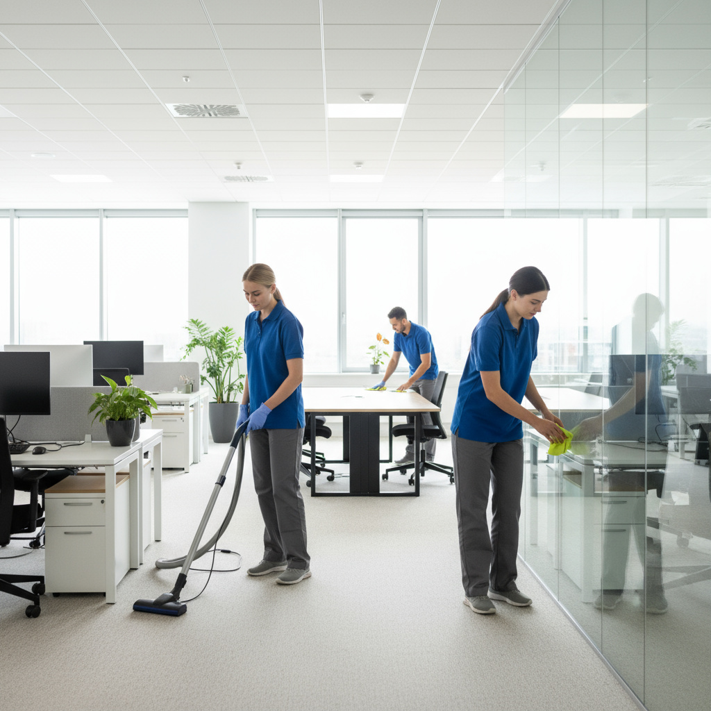 Cleaning team working in a modern office interior