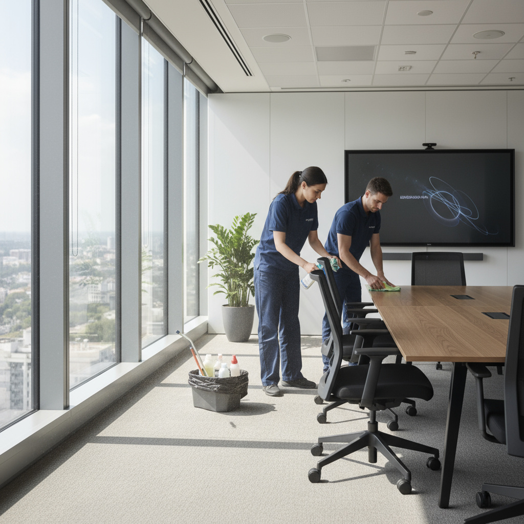 Janitorial staff cleaning a conference room